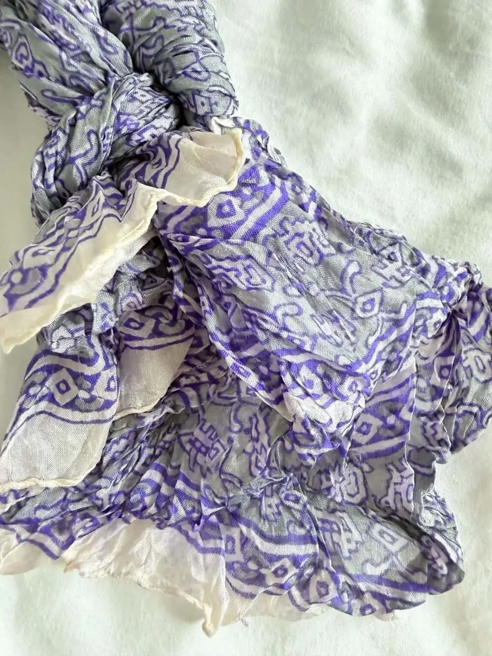 Vintage 100% Silk Purple and Grey Geometric Printed Crinkle Scarf